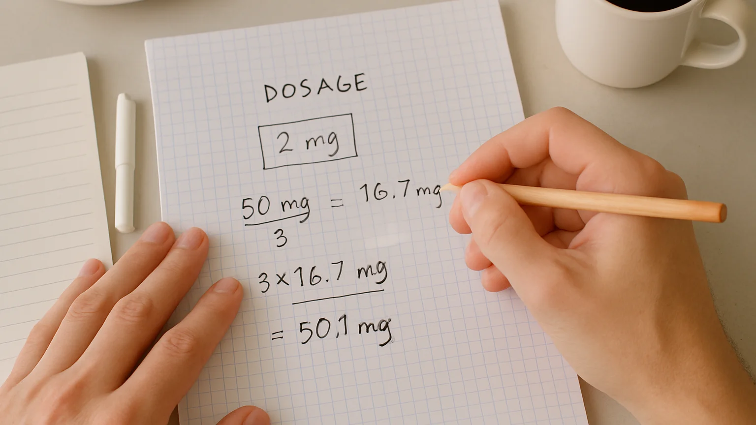 Hands working through dosage calculations on graph paper, soft da