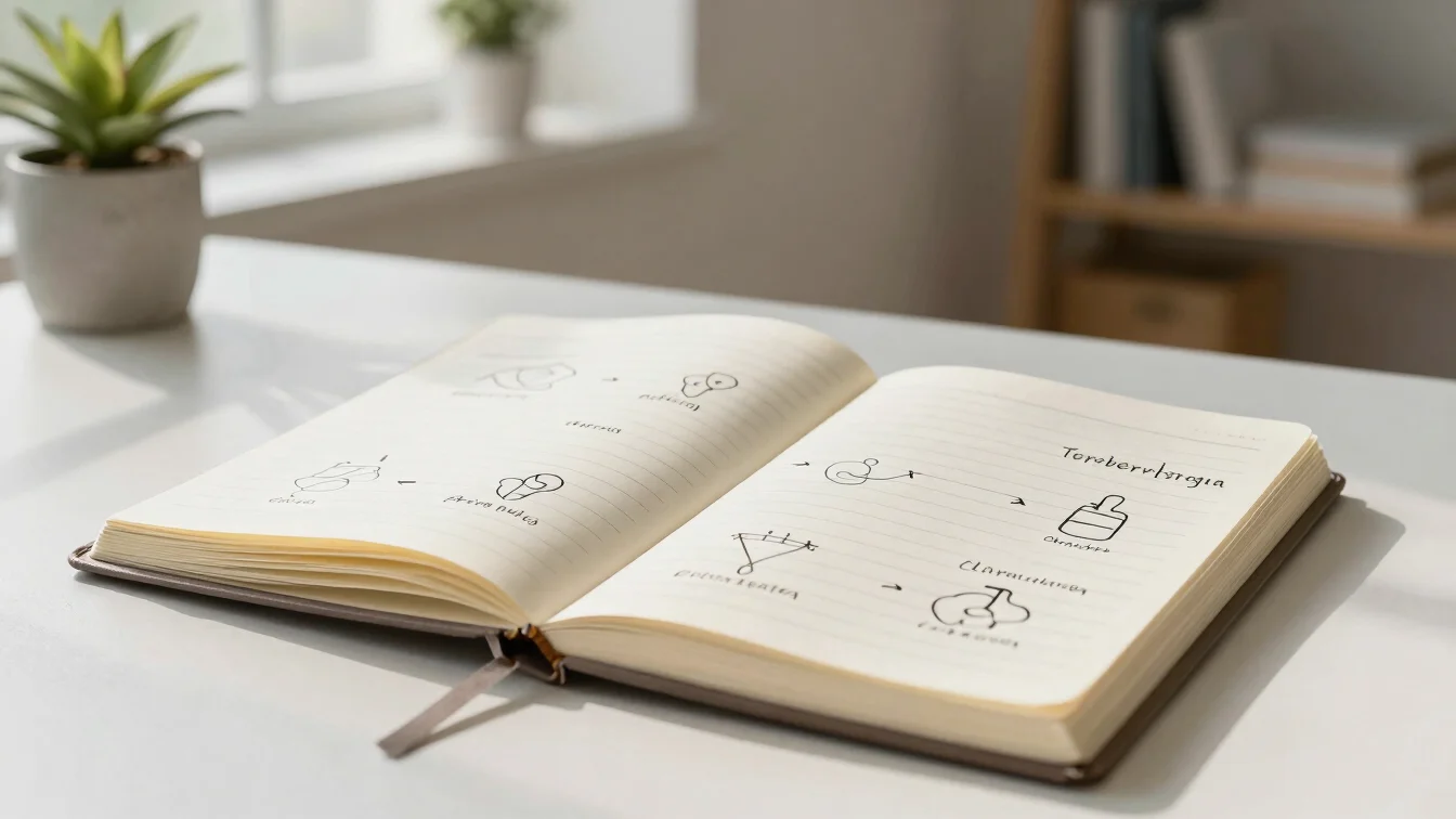 Open study notebook with labeled diagrams of core nursing concept