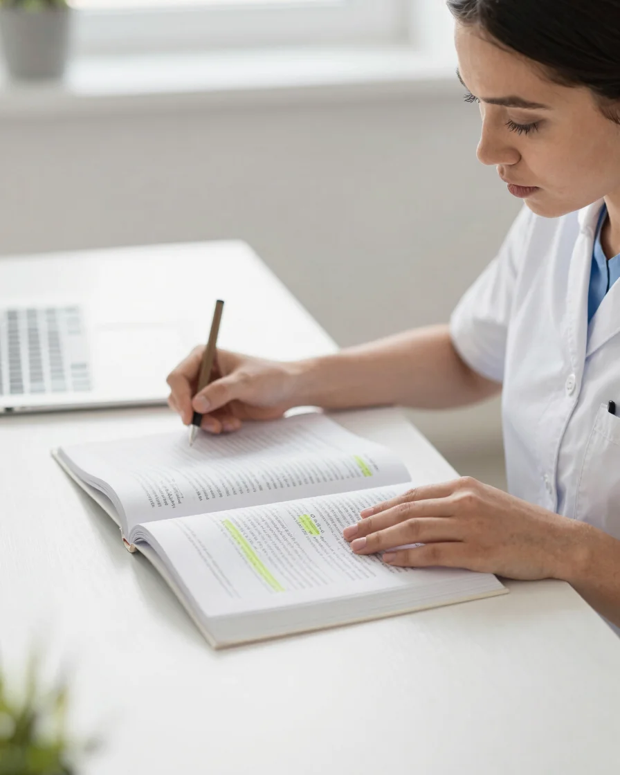Modern editorial photograph of a nursing student studying at a bright, present-day desk with open textbook pages and hig